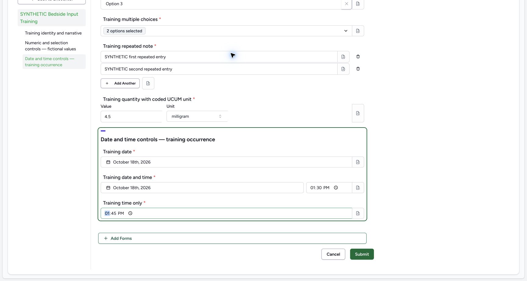 Submit completed. Genuine 1728 by 921 desktop capture of the configured synthetic teaching form.