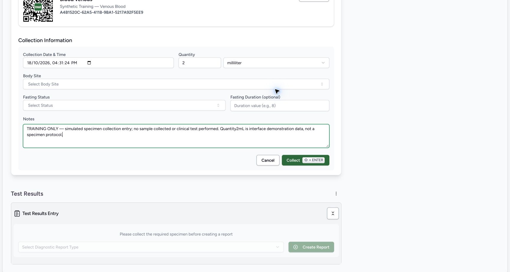 Review collection details and save. Actual MANSOQ software with explicitly synthetic training records.
