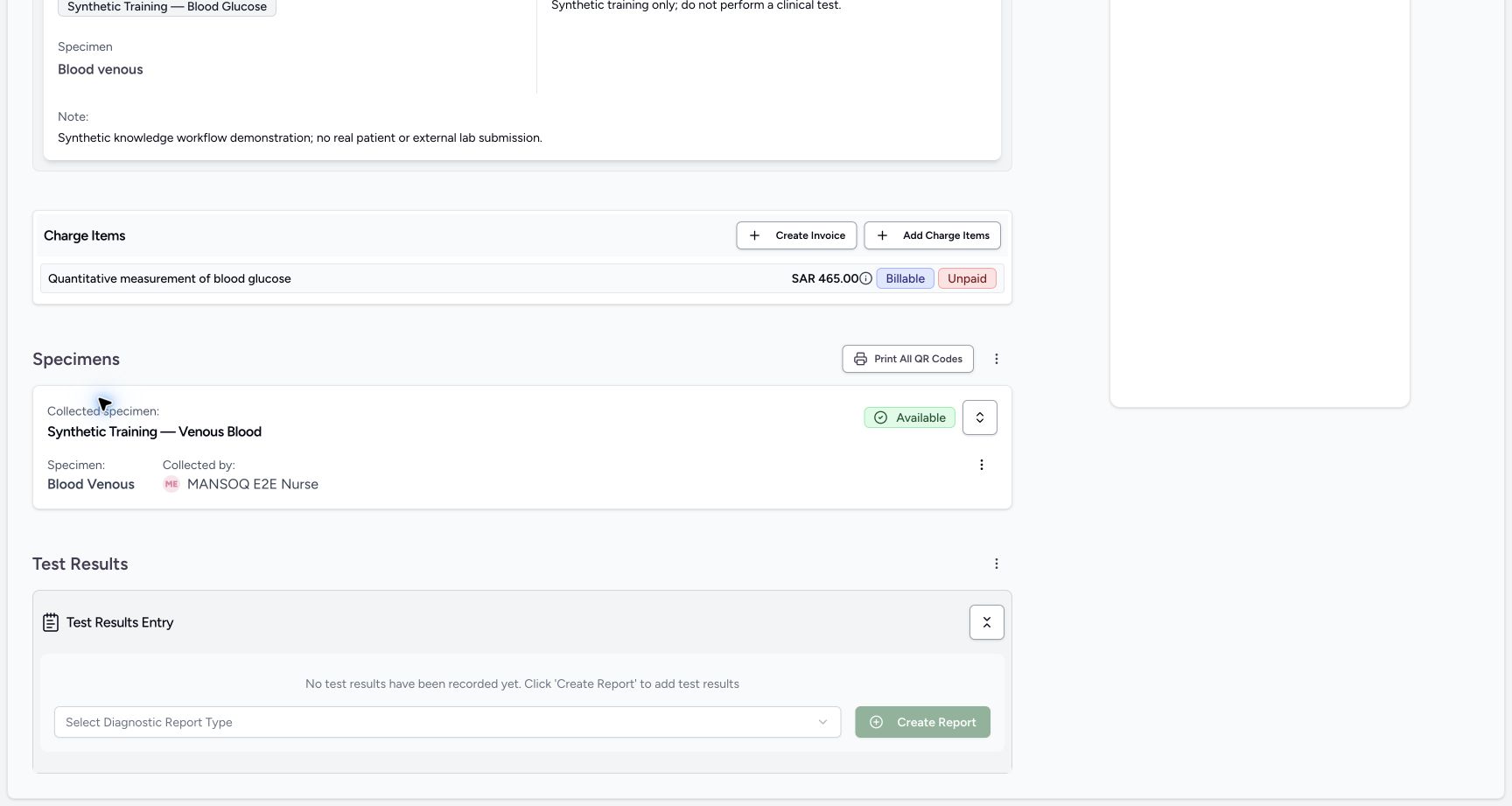 Available specimen recorded under Nurse. Actual MANSOQ software with explicitly synthetic training records.