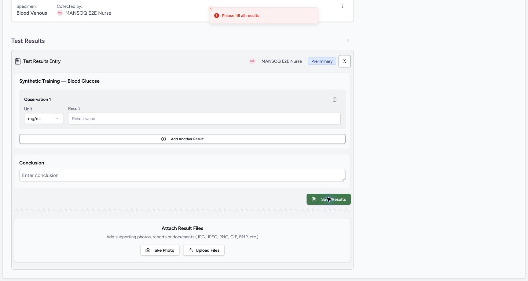 Empty result submission is blocked. Actual MANSOQ software with explicitly synthetic training records.