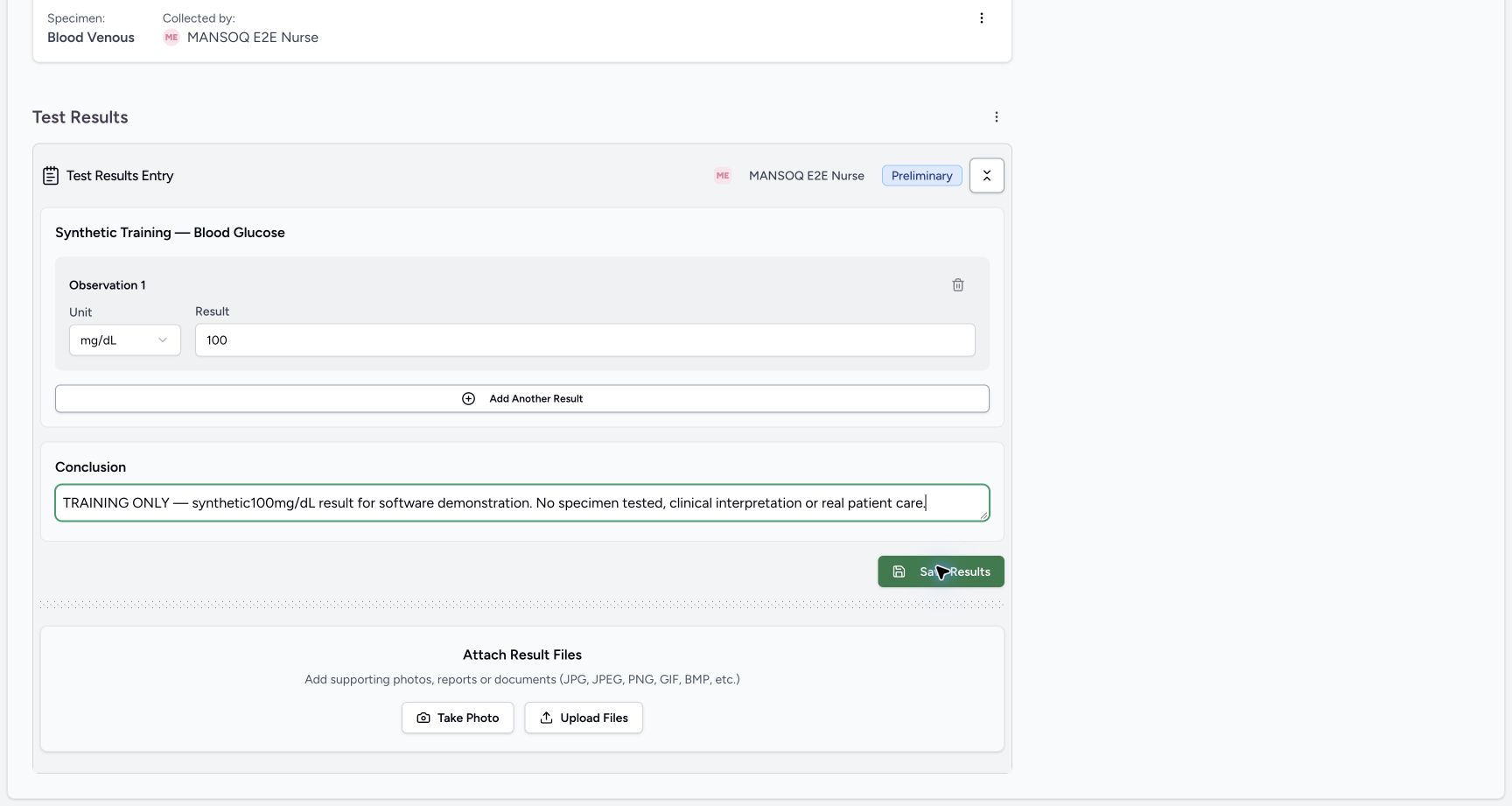 Enter a synthetic quantity and conclusion. Actual MANSOQ software with explicitly synthetic training records.
