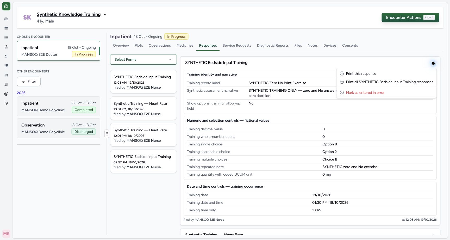 Distinguish the response print actions. Actual MANSOQ desktop screenshot.