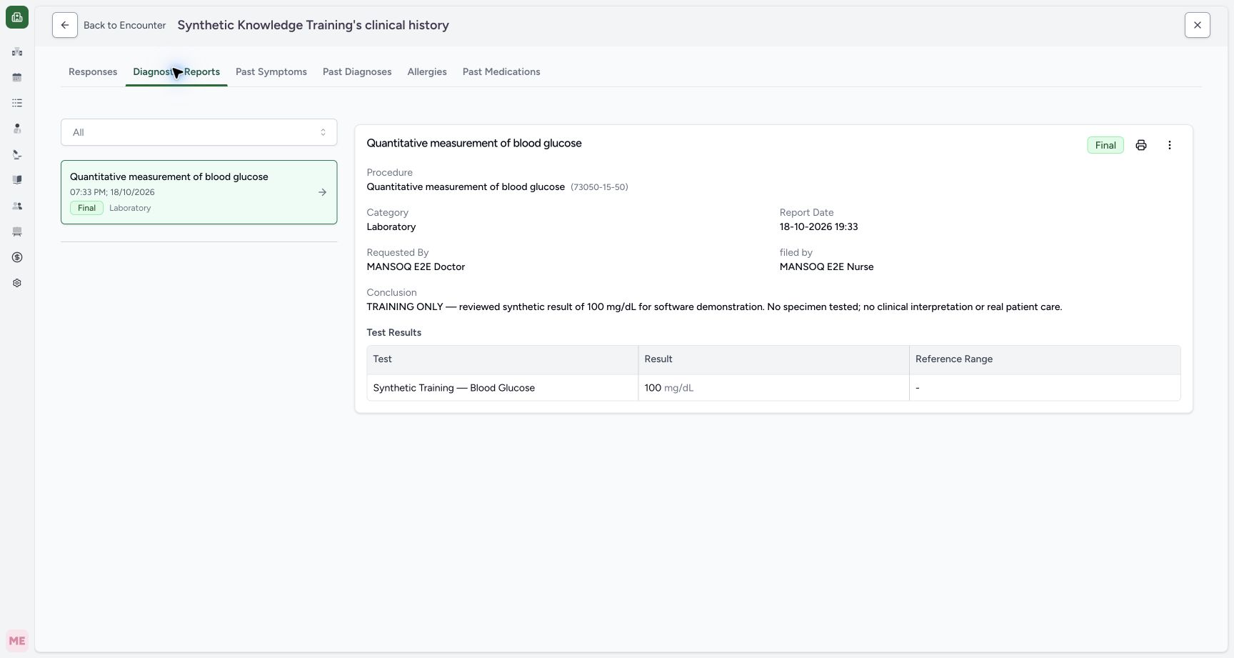 Open the intended Final diagnostic report. Actual MANSOQ desktop screenshot.