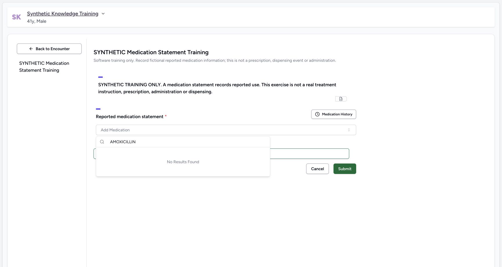 Medication search empty. Actual 1728 by 921 desktop synthetic medication statement teaching.
