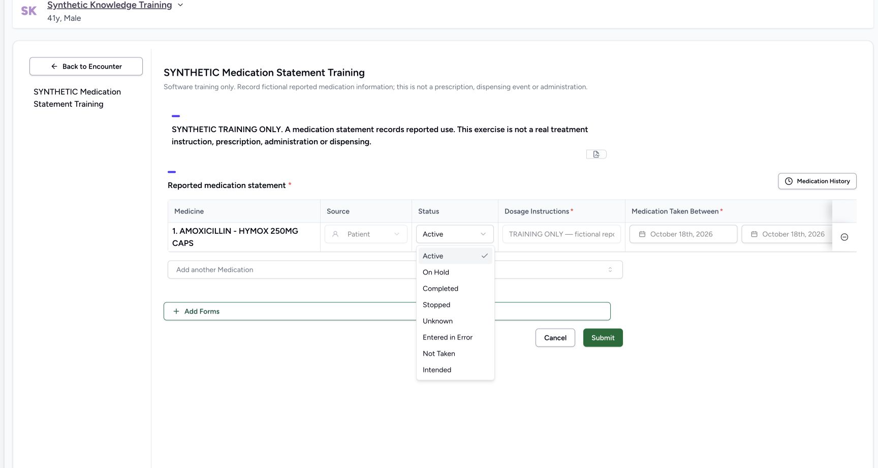 Existing status options. Actual 1728 by 921 desktop statement lifecycle and selected-encounter scope.