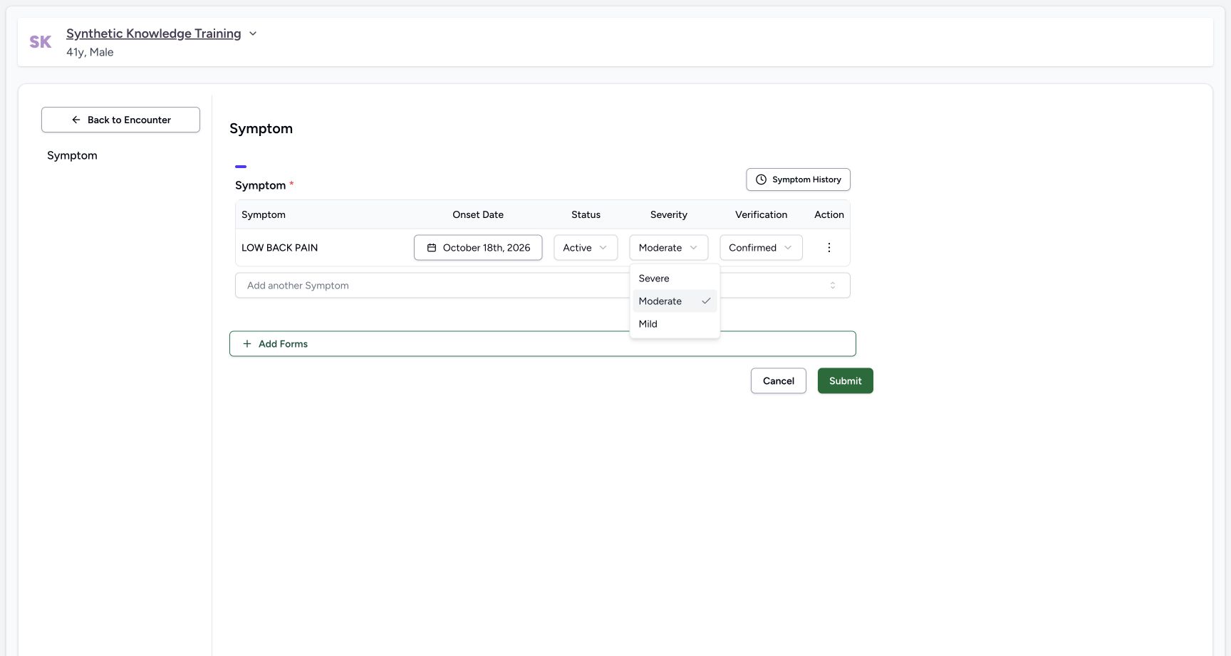 Review severity choices. Actual 1728 by 921 desktop MANSOQ symptom workflow.