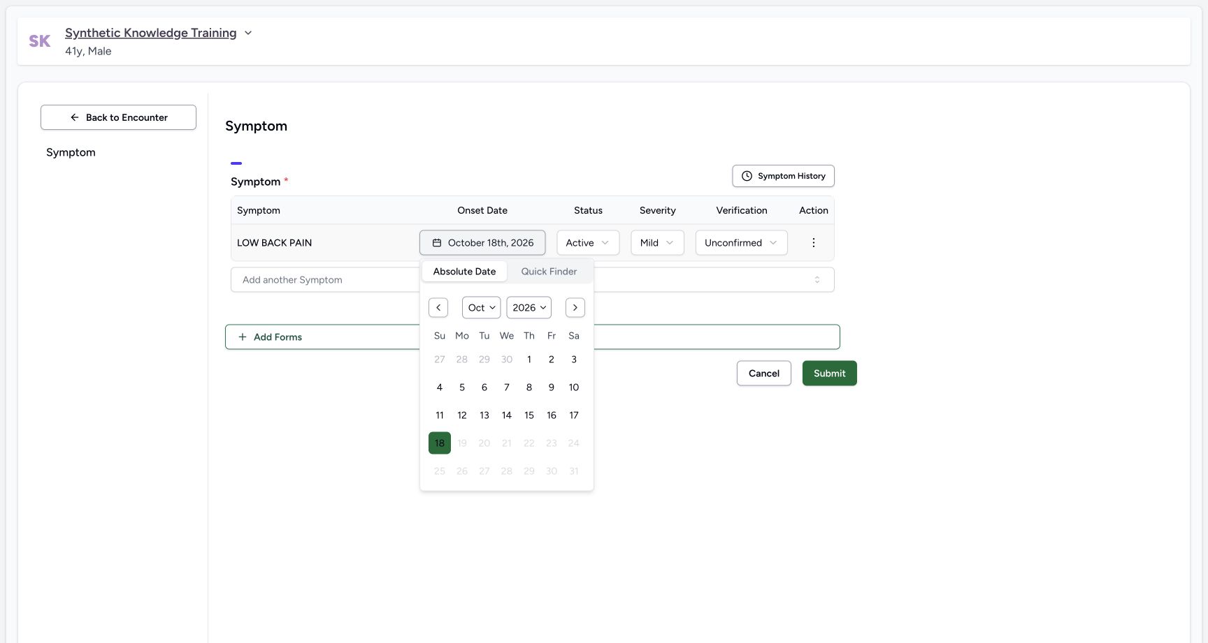 Choose a past onset date. Actual 1728 by 921 desktop MANSOQ symptom workflow.