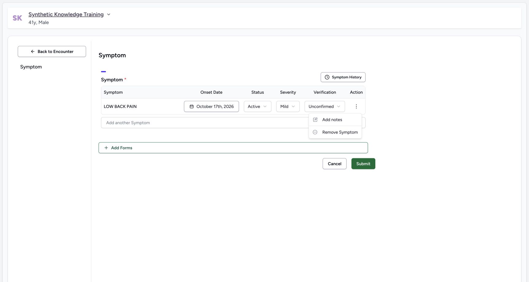 Open symptom notes. Actual 1728 by 921 desktop MANSOQ symptom workflow.