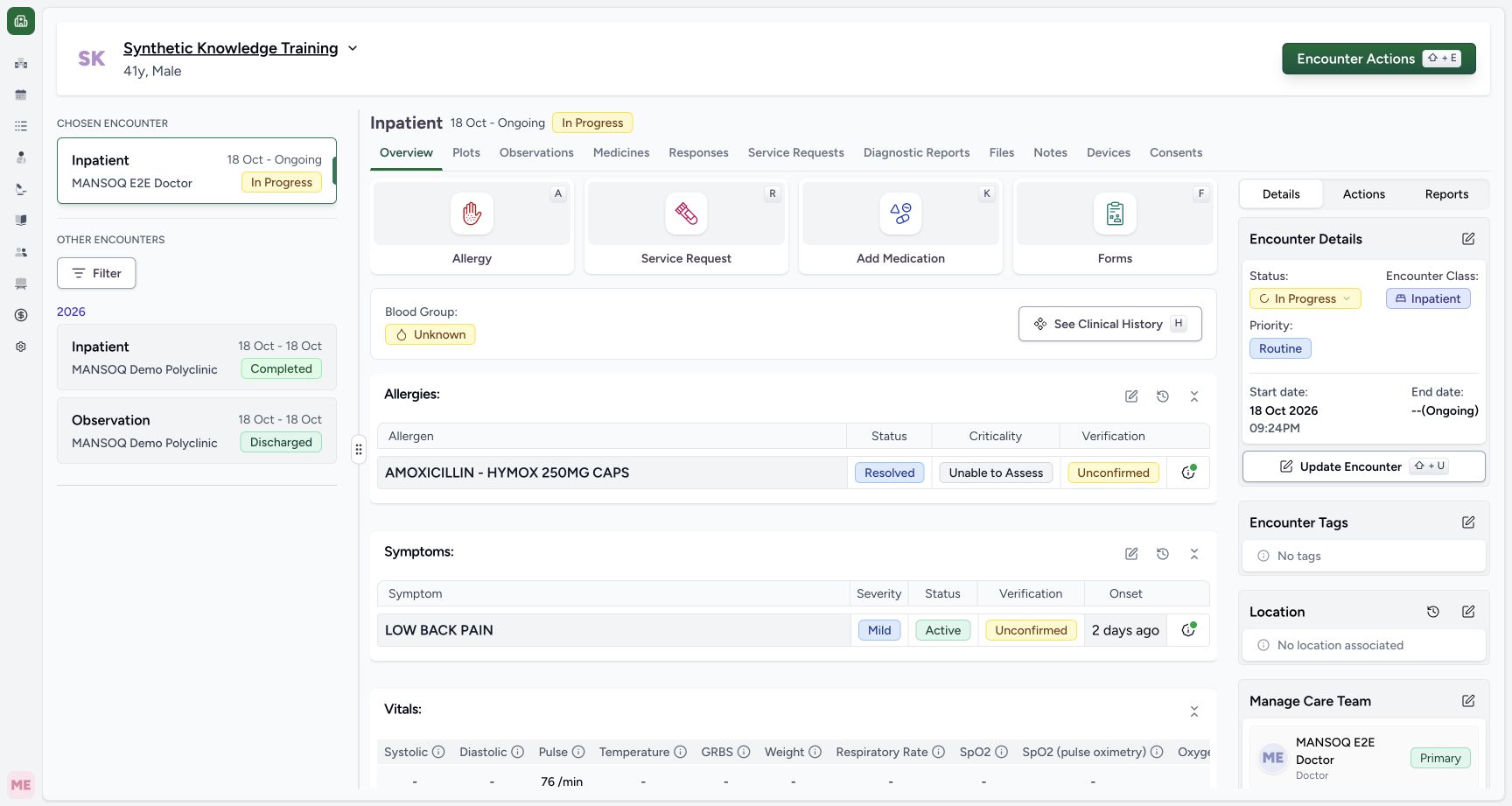 Verify the saved encounter summary. Actual 1728 by 921 desktop MANSOQ symptom workflow.