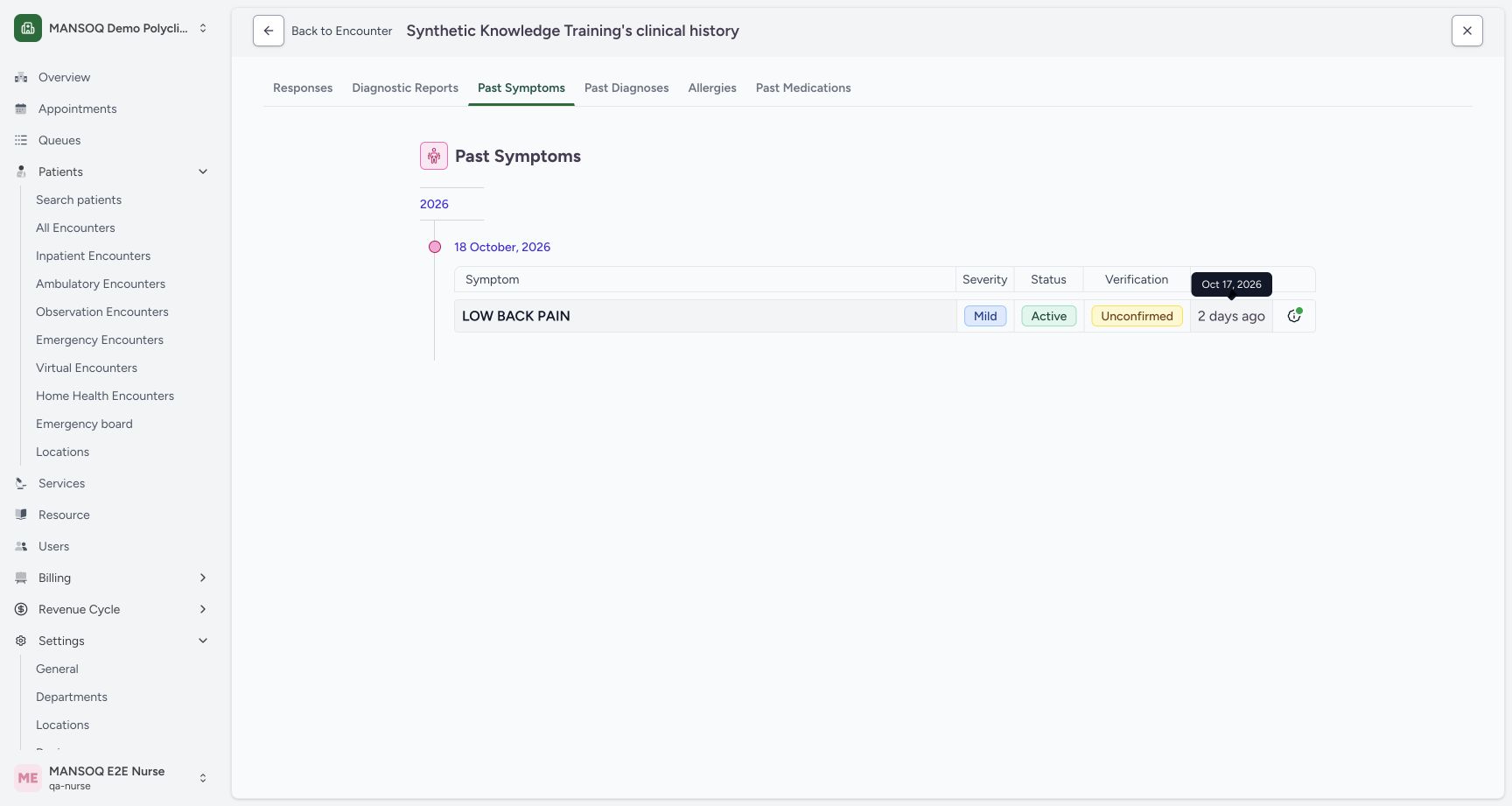Distinguish history grouping from onset. Actual 1728 by 921 desktop MANSOQ symptom workflow.
