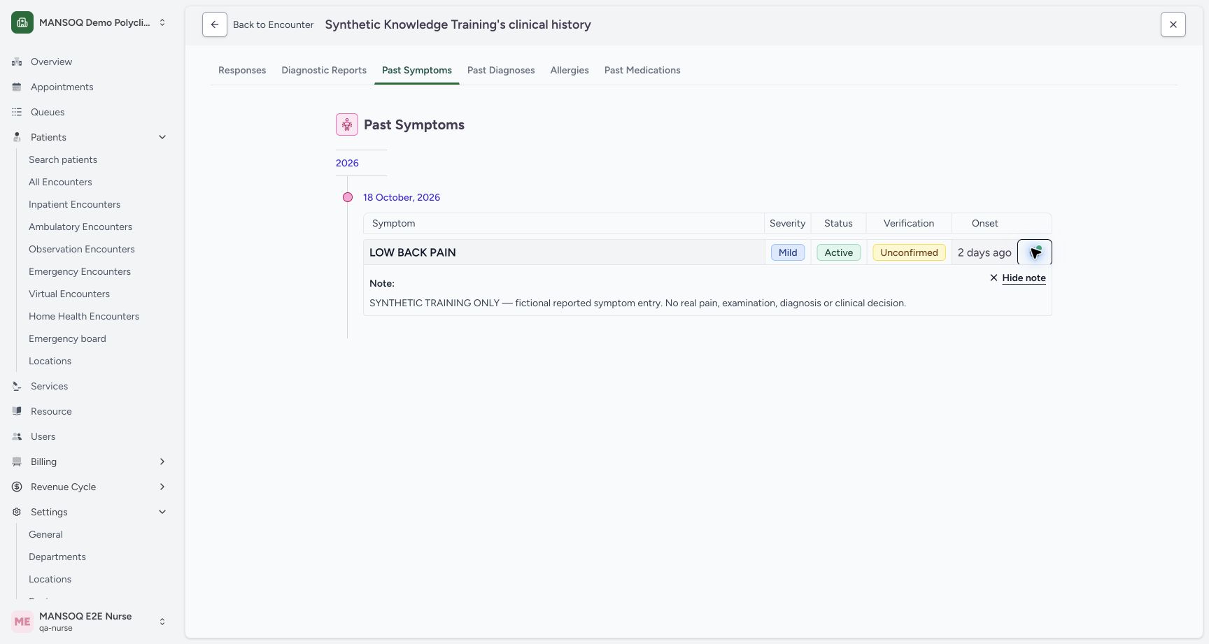 Read the complete saved note. Actual 1728 by 921 desktop MANSOQ symptom workflow.