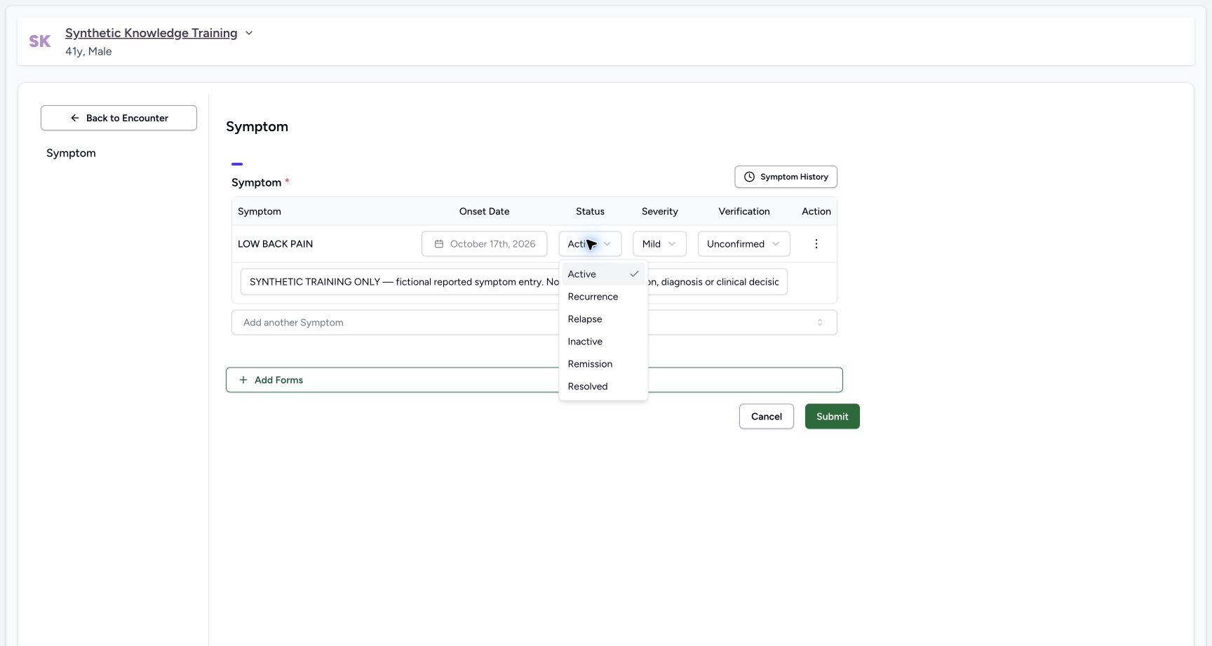 Status options. Actual desktop symptom update, duplicate prevention and retained correction state.