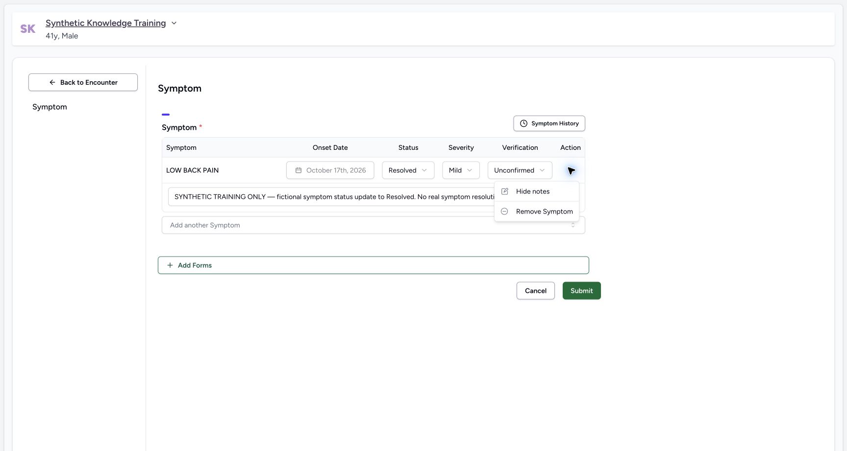 Existing remove menu. Actual desktop symptom update, duplicate prevention and retained correction state.