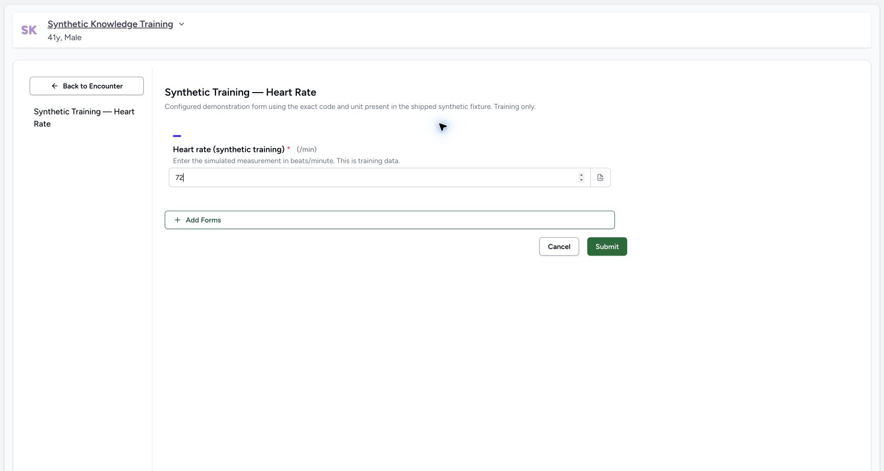 Submit first. Genuine 1728 by 921 desktop screenshot of synthetic clinical training.