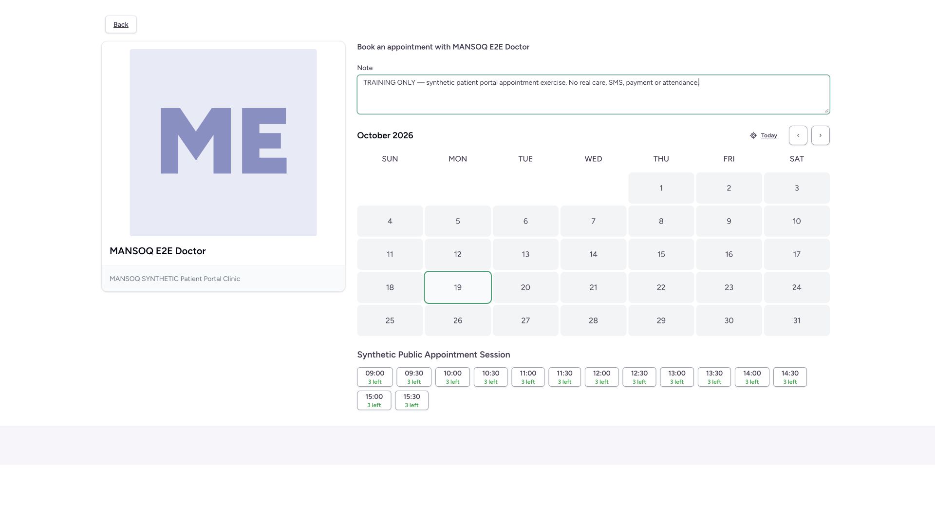 Public date slots. Genuine 1920 by 1080 MANSOQ desktop capture with fictional local training records.