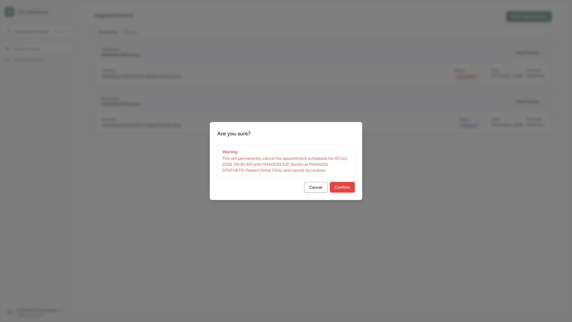 Cancellation confirmation. Genuine 1920 by 1080 MANSOQ desktop capture with fictional local training records.
