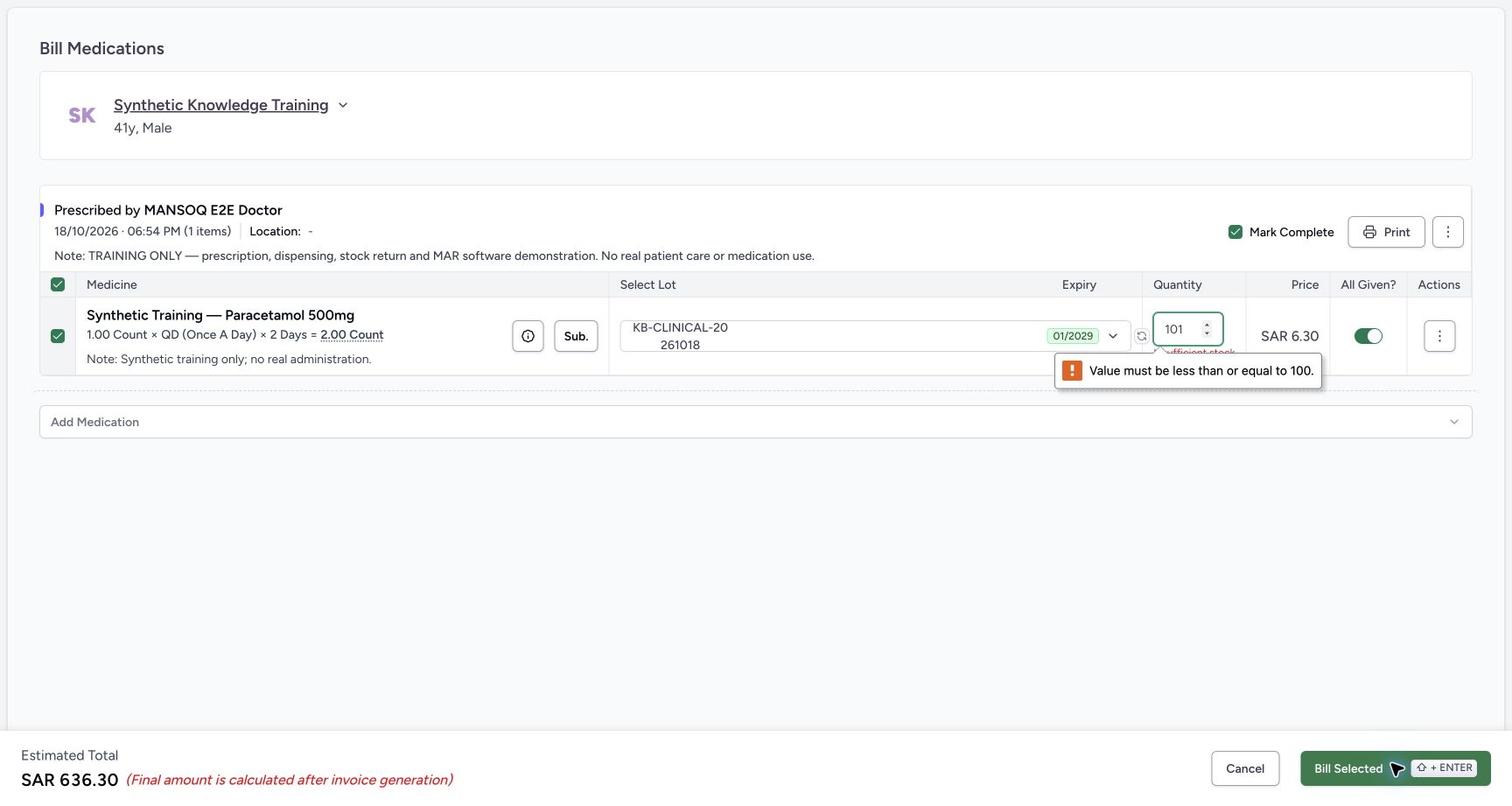 Quantity exceeds the stocked batch. Actual MANSOQ application with explicitly synthetic local training data.