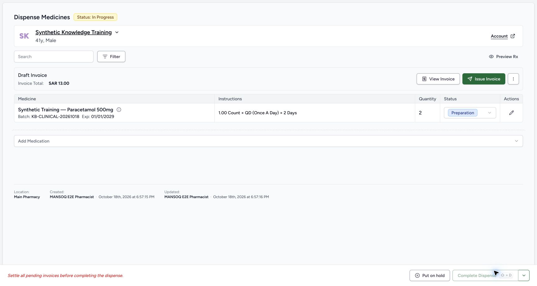 Preparation dispense awaits invoice settlement. Actual MANSOQ application with explicitly synthetic local training data.