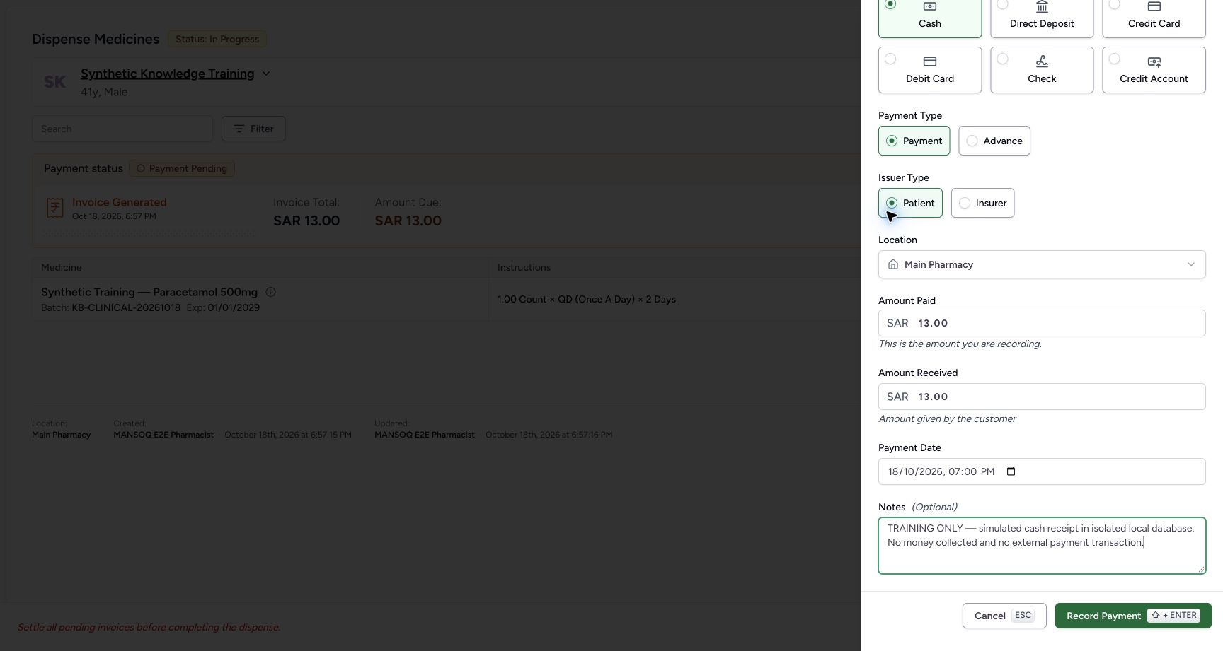Record a clearly labelled simulated receipt. Actual MANSOQ application with explicitly synthetic local training data.