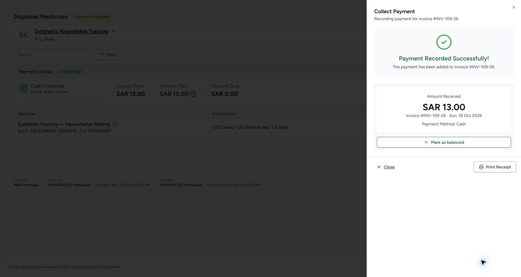 Synthetic cash receipt recorded. Actual MANSOQ application with explicitly synthetic local training data.