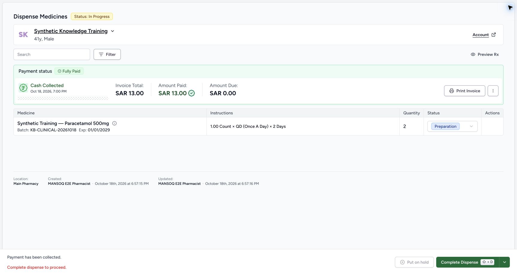 Complete the settled synthetic dispense. Actual MANSOQ application with explicitly synthetic local training data.