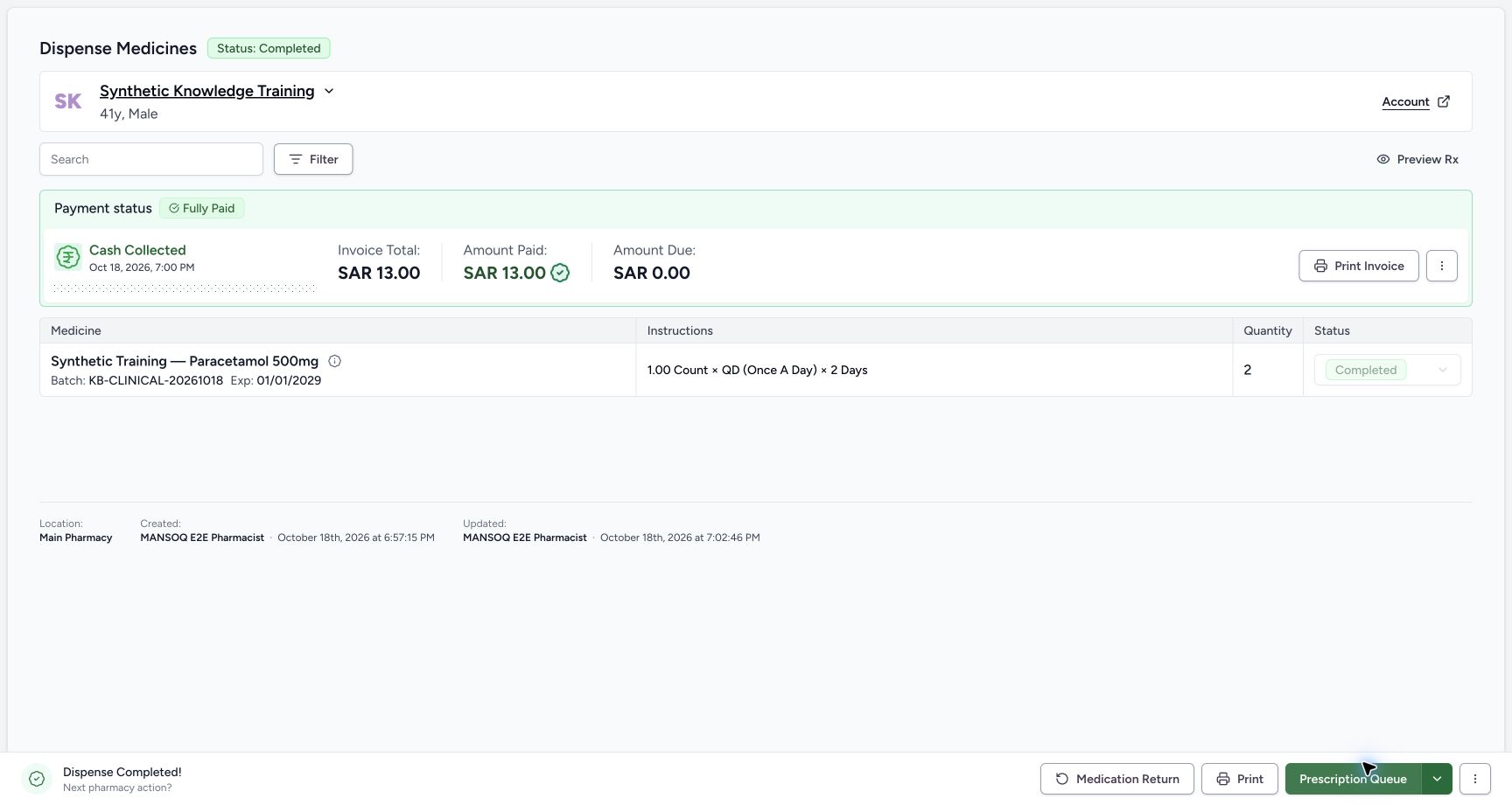 Synthetic dispense completed. Actual MANSOQ application with explicitly synthetic local training data.