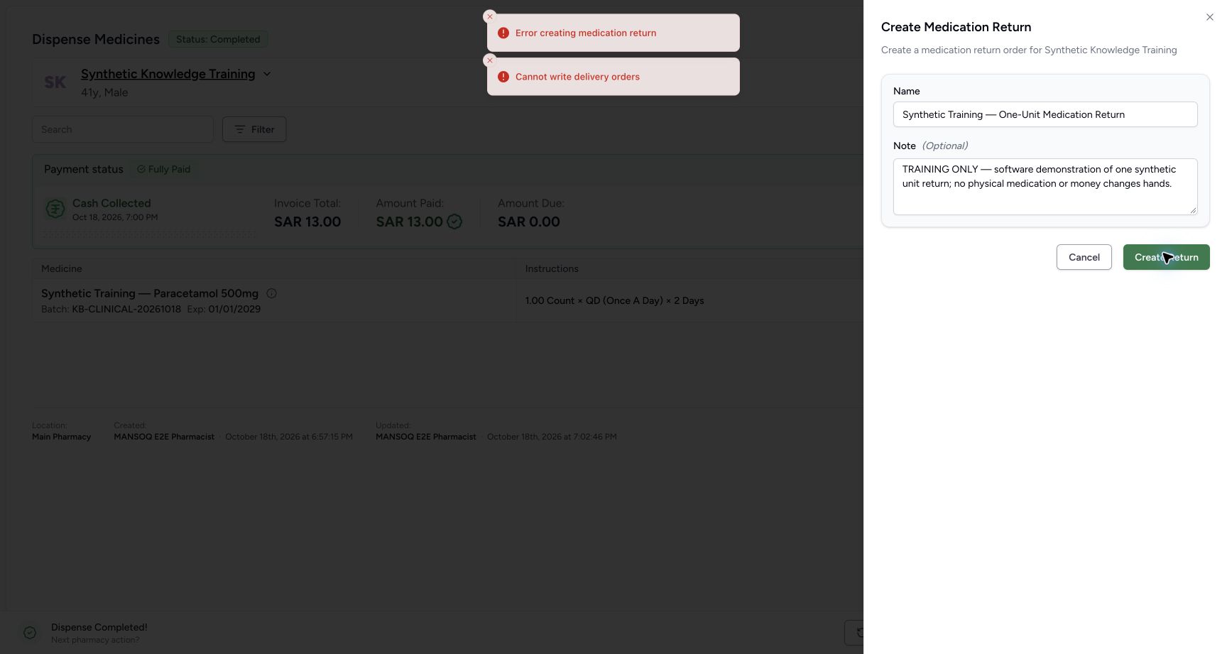 Default Pharmacist return permission refusal. Actual MANSOQ application with explicitly synthetic local training data.