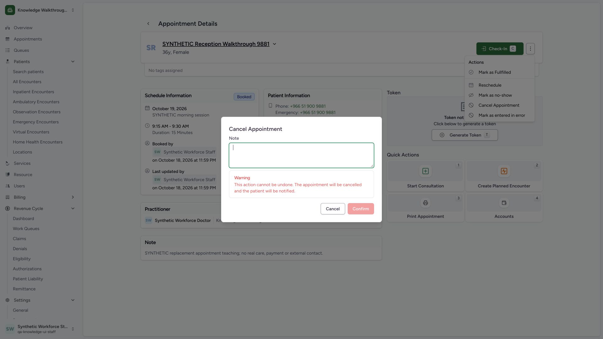 Supply the required cancellation reason. Actual wide MANSOQ synthetic Staff reschedule and cancellation of synthetic practitioner appointments view.