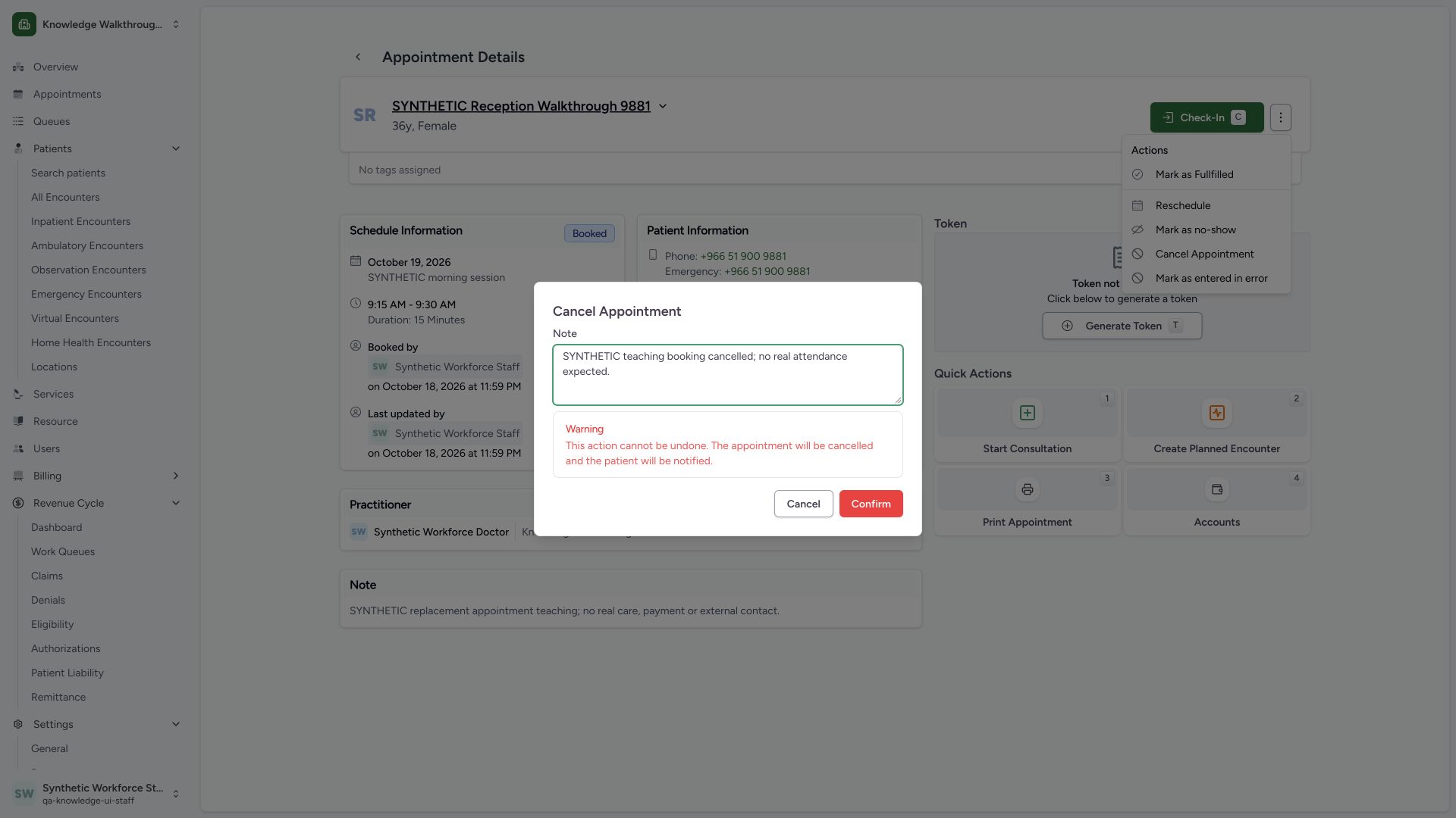 Review the cancellation reason before confirming. Actual wide MANSOQ synthetic Staff reschedule and cancellation of synthetic practitioner appointments view.