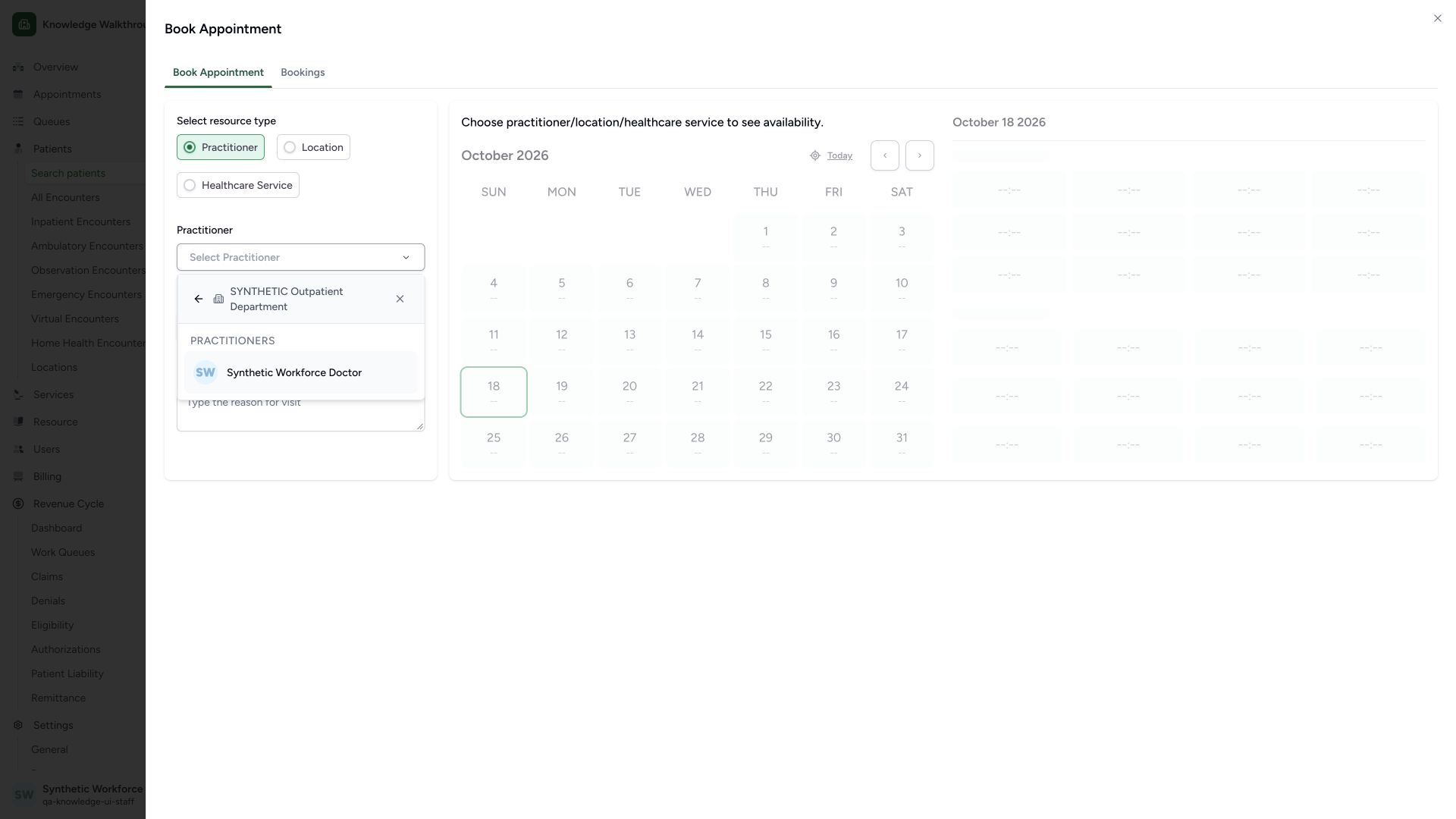 Choose the scheduled Doctor from the authorized department. Actual wide MANSOQ synthetic Staff booking of an existing synthetic patient with one practitioner view.