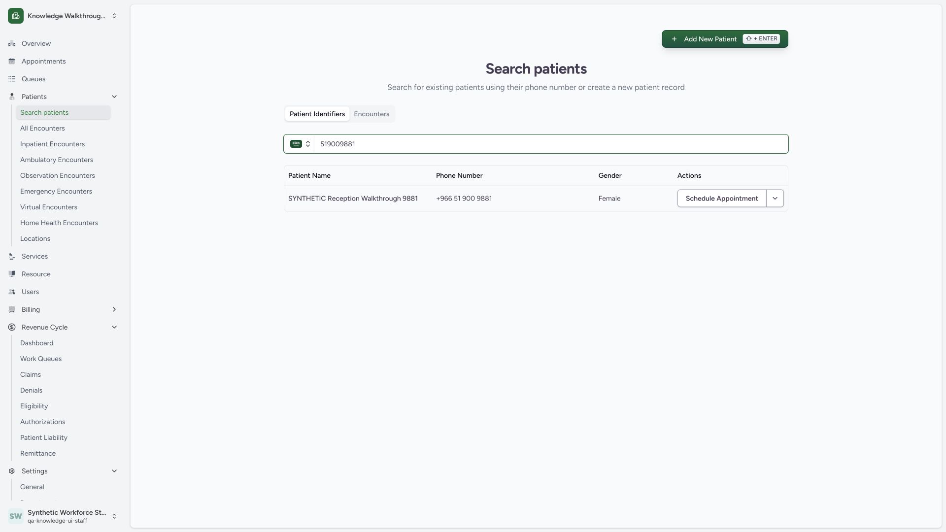 Find the existing patient and use Schedule Appointment. Actual wide MANSOQ synthetic Staff booking of an existing synthetic patient with one practitioner view.