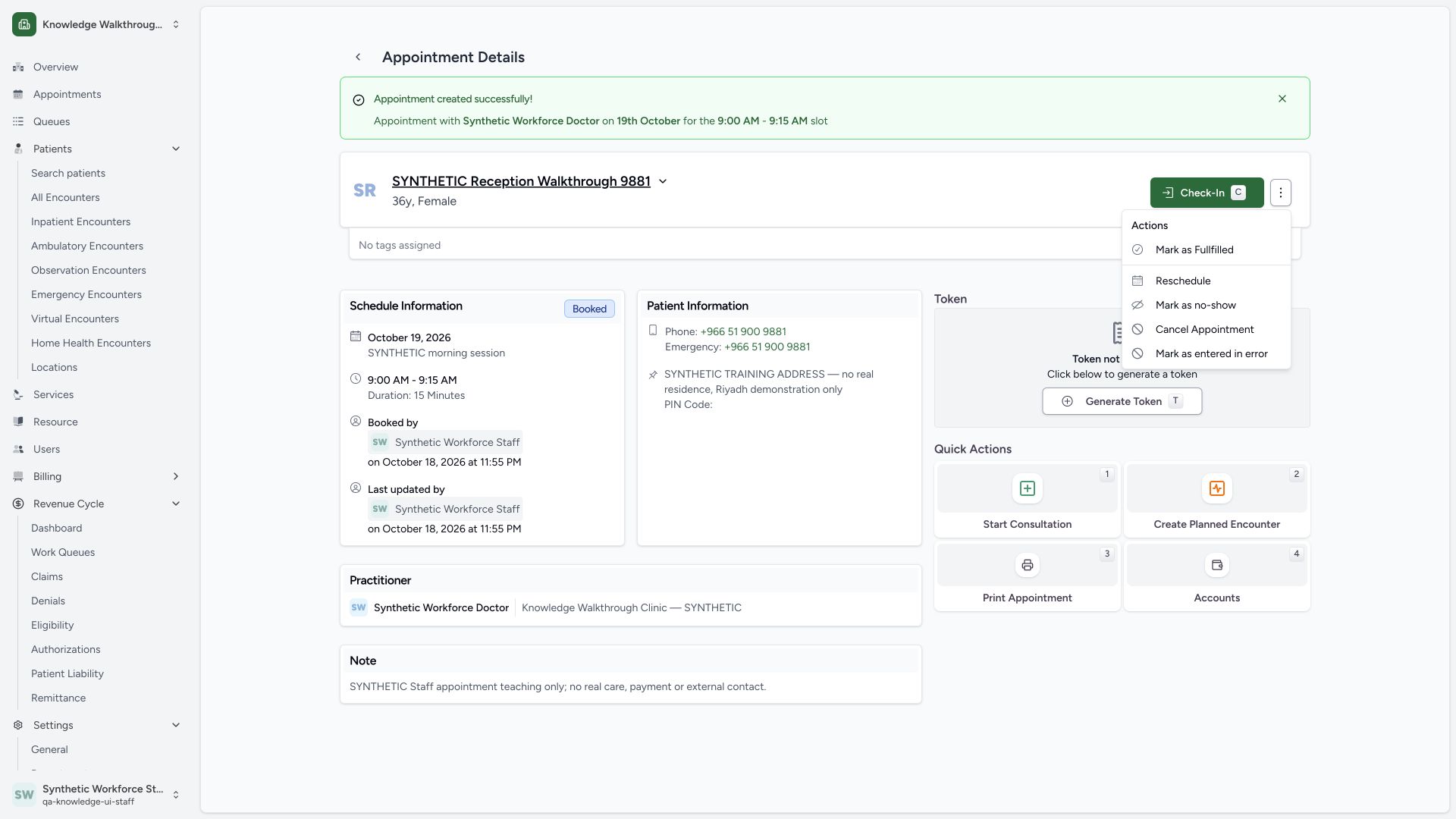 Open the saved appointment actions. Actual wide MANSOQ synthetic Staff reschedule and cancellation of synthetic practitioner appointments view.