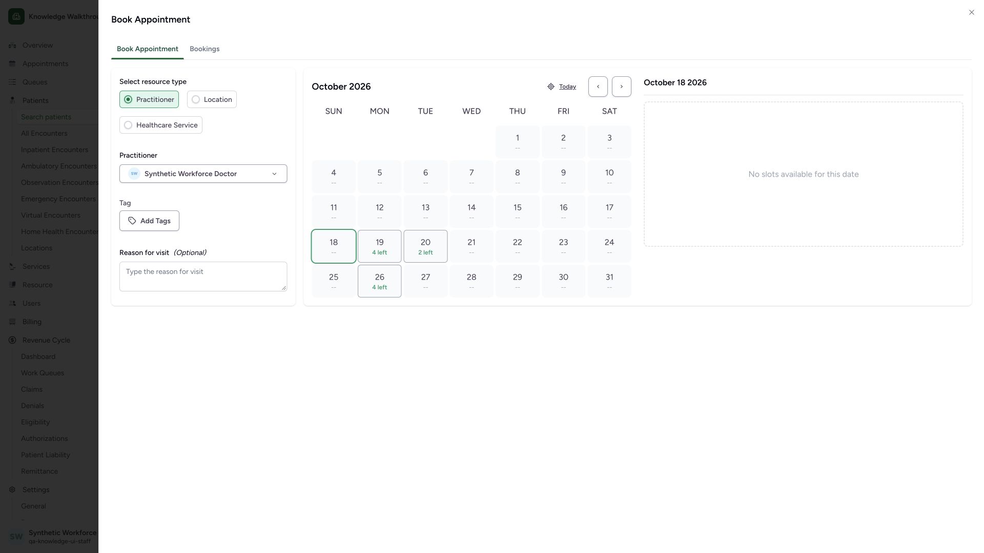 Recognize a selected day with no slots and choose an available date. Actual wide MANSOQ synthetic Staff booking of an existing synthetic patient with one practitioner view.