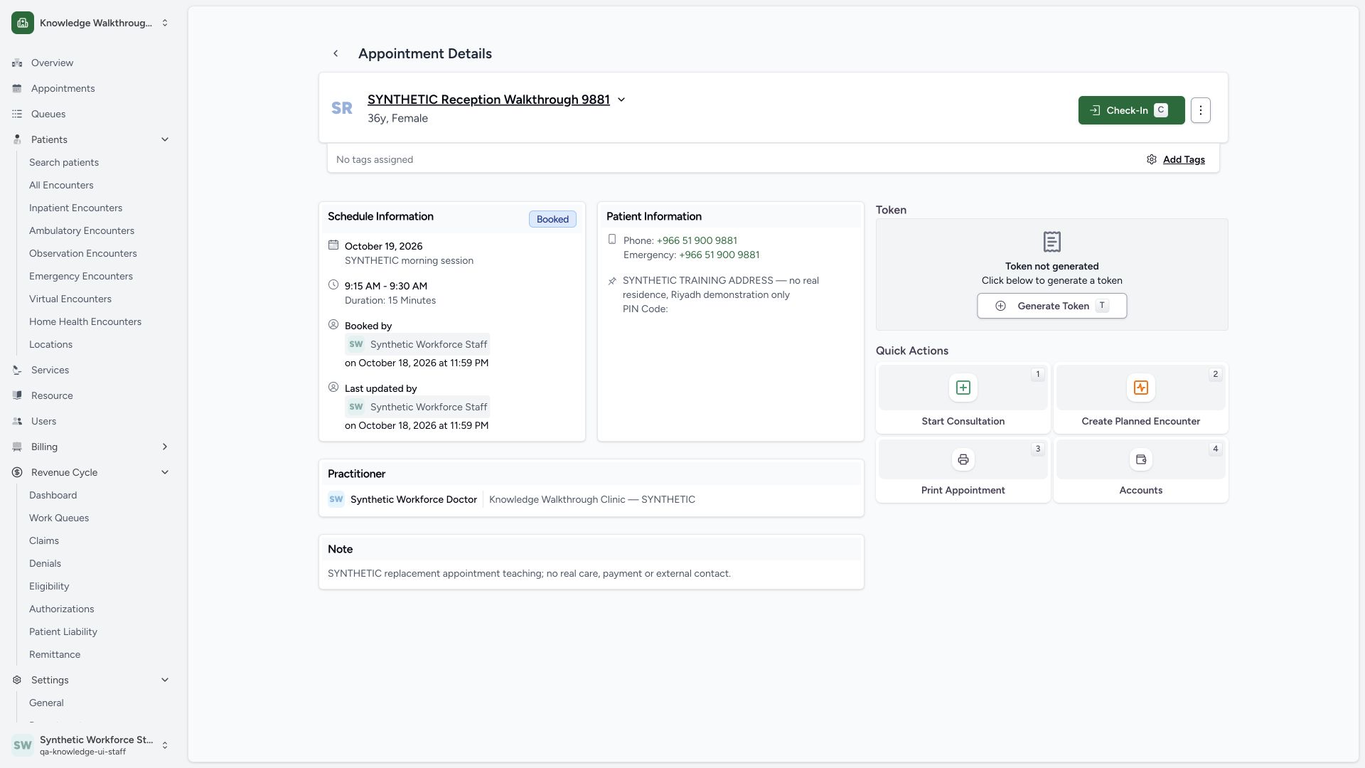 Verify the newly saved replacement appointment. Actual wide MANSOQ synthetic Staff reschedule and cancellation of synthetic practitioner appointments view.