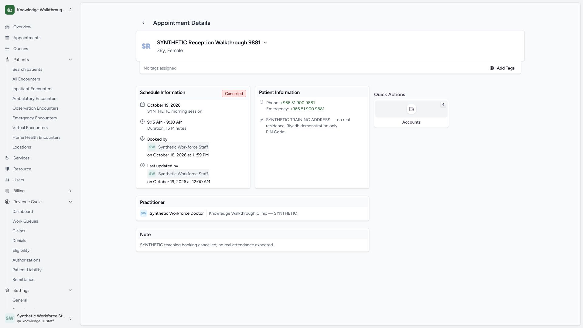 Verify the retained Cancelled appointment and saved reason. Actual wide MANSOQ synthetic Staff reschedule and cancellation of synthetic practitioner appointments view.