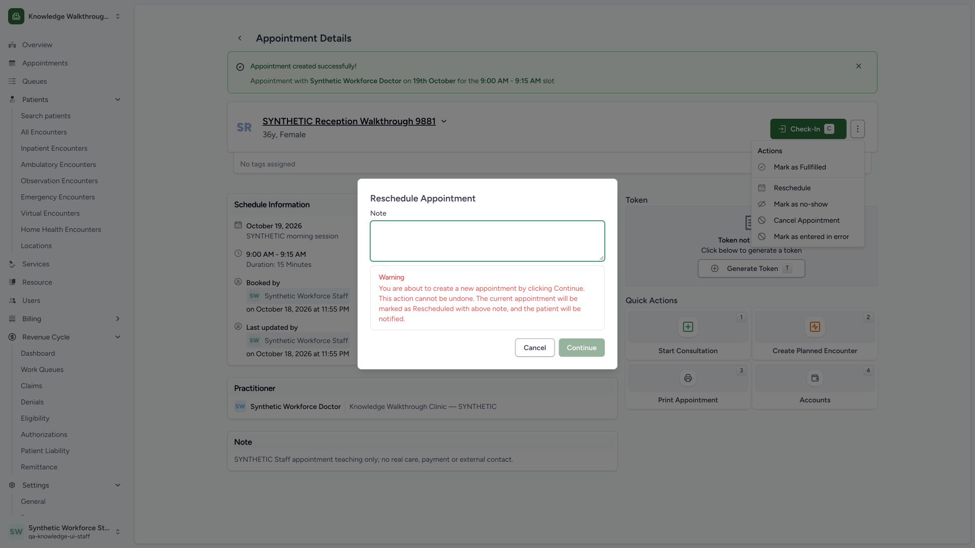 Supply the required note for the previous appointment. Actual wide MANSOQ synthetic Staff reschedule and cancellation of synthetic practitioner appointments view.