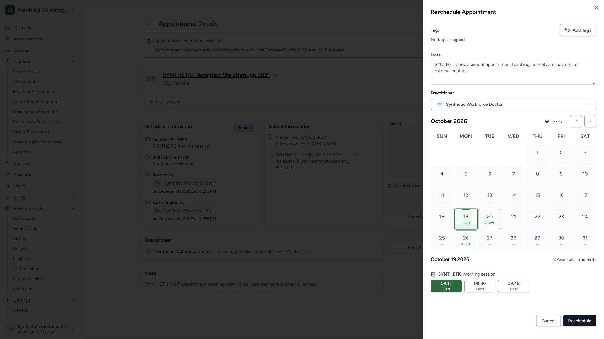 Review the replacement slot and its separate note. Actual wide MANSOQ synthetic Staff reschedule and cancellation of synthetic practitioner appointments view.