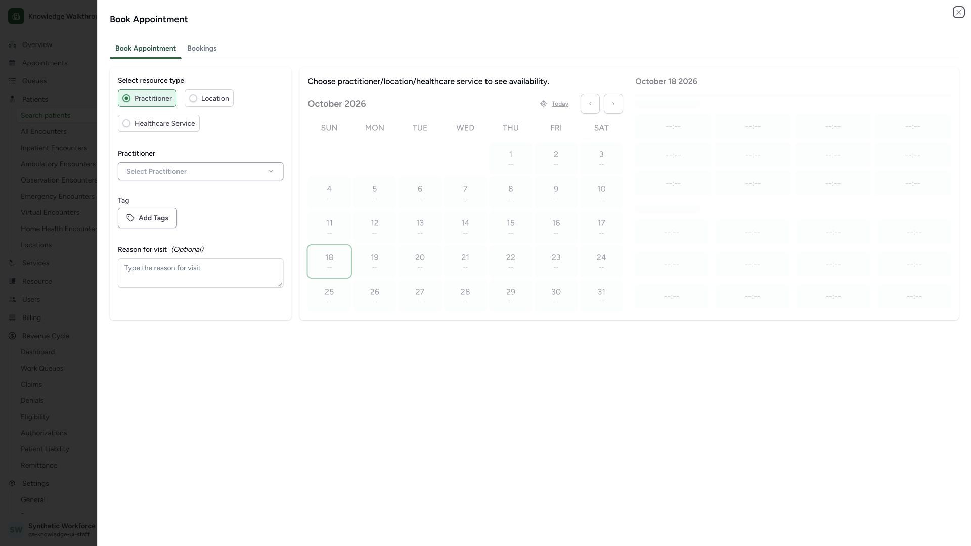 Choose a resource before using appointment availability. Actual wide MANSOQ synthetic Staff booking of an existing synthetic patient with one practitioner view.