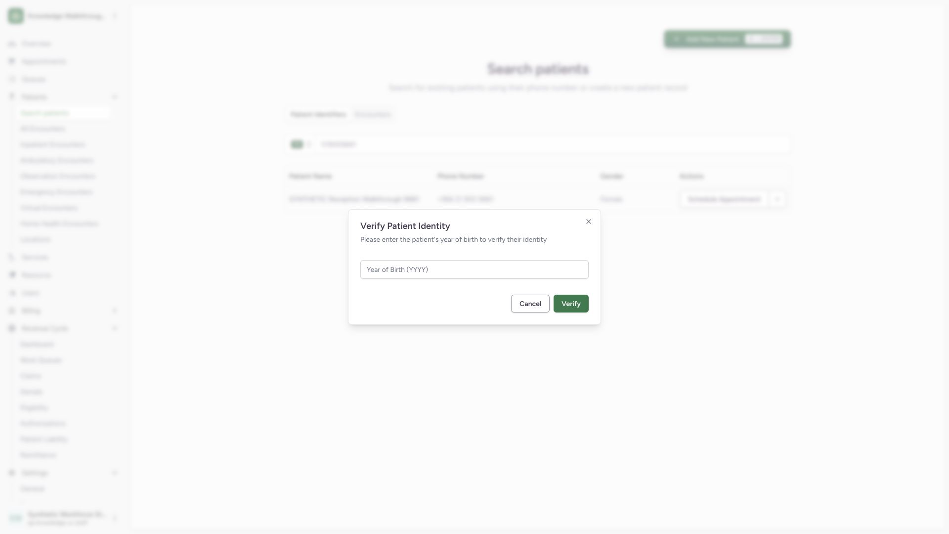 Provide the patient year of birth before scheduling. Actual wide MANSOQ synthetic Staff booking of an existing synthetic patient with one practitioner view.