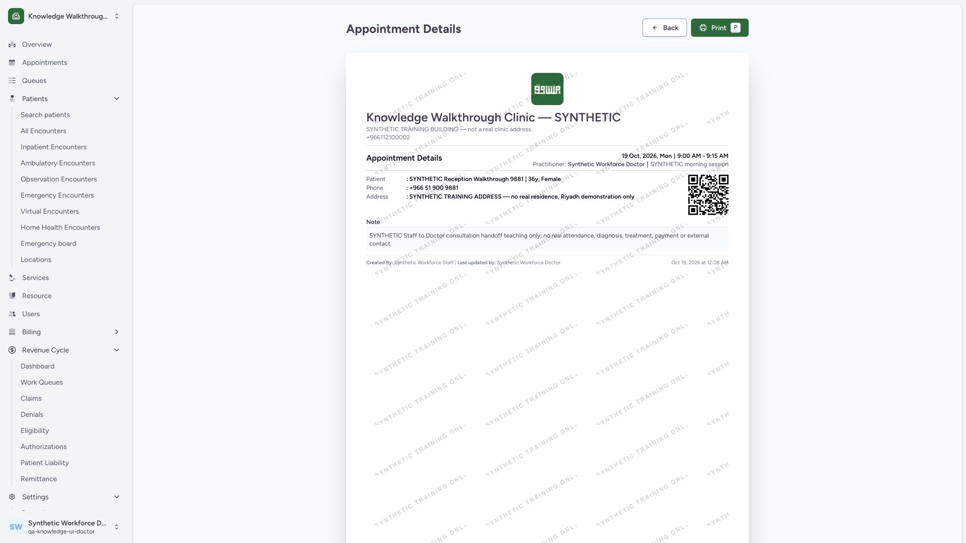 Review the populated appointment document before printing. Actual wide MANSOQ synthetic existing Staff check-in and Doctor synthetic consultation handoff view.