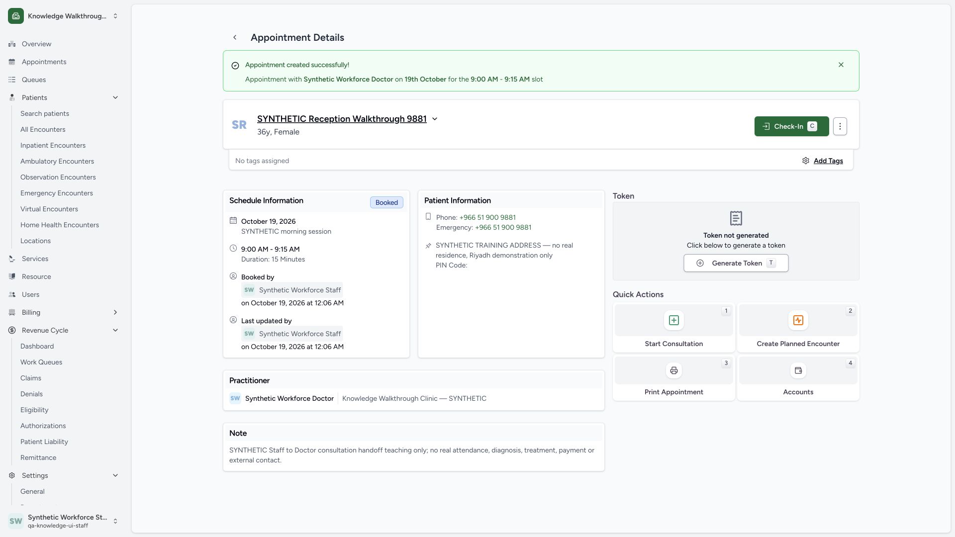 Verify the new Booked appointment before Staff Check-In. Actual wide MANSOQ synthetic existing Staff check-in and Doctor synthetic consultation handoff view.