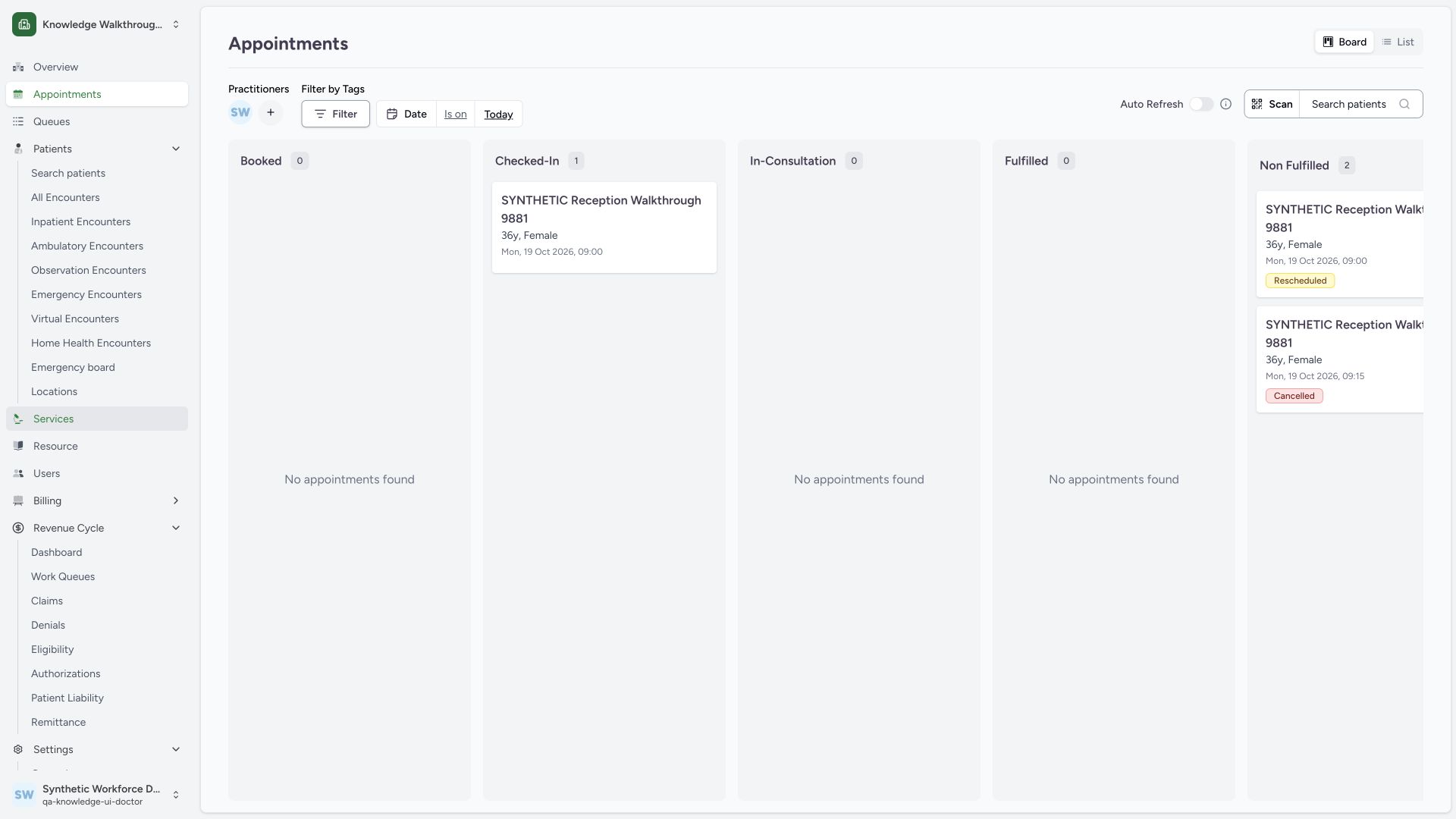 Find the checked-in patient on the Doctor appointment board. Actual wide MANSOQ synthetic existing Staff check-in and Doctor synthetic consultation handoff view.