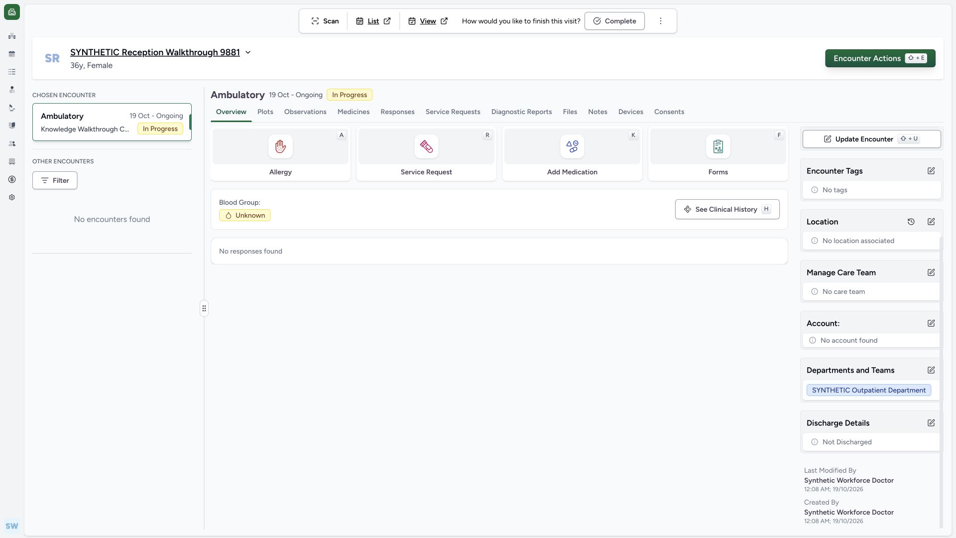 Verify the existing department and Doctor creation actor. Actual wide MANSOQ synthetic existing Staff check-in and Doctor synthetic consultation handoff view.