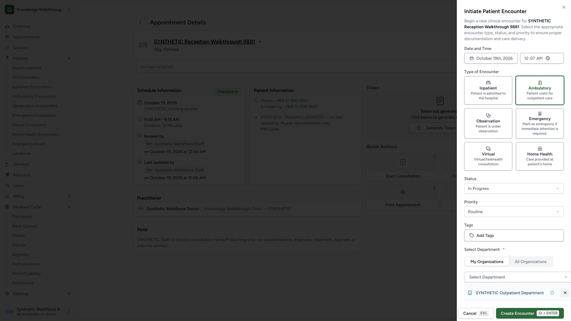 Review the consultation encounter context before saving. Actual wide MANSOQ synthetic existing Staff check-in and Doctor synthetic consultation handoff view.
