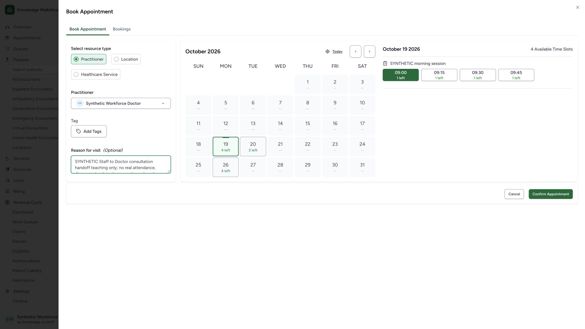 Review a separate synthetic booking for the Staff-to-Doctor handoff. Actual wide MANSOQ synthetic existing Staff check-in and Doctor synthetic consultation handoff view.