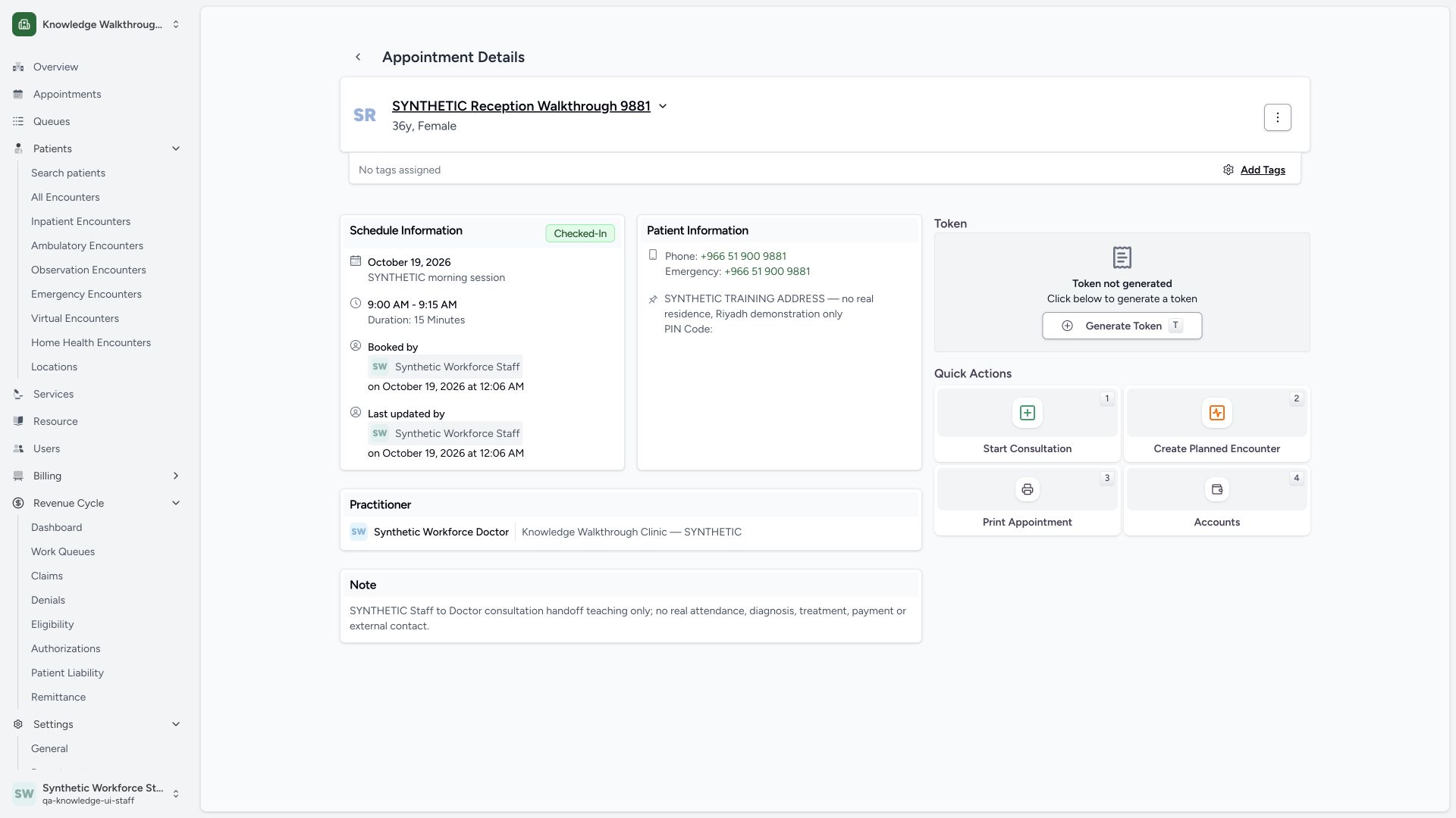 Verify Staff Check-In and hand off to the assigned Doctor. Actual wide MANSOQ synthetic existing Staff check-in and Doctor synthetic consultation handoff view.