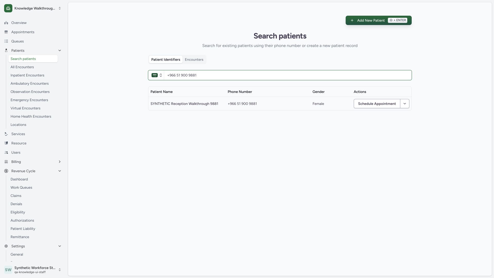 Verify duplicate advisory returns to the existing patient search. Actual wide MANSOQ synthetic Staff patient workflow.