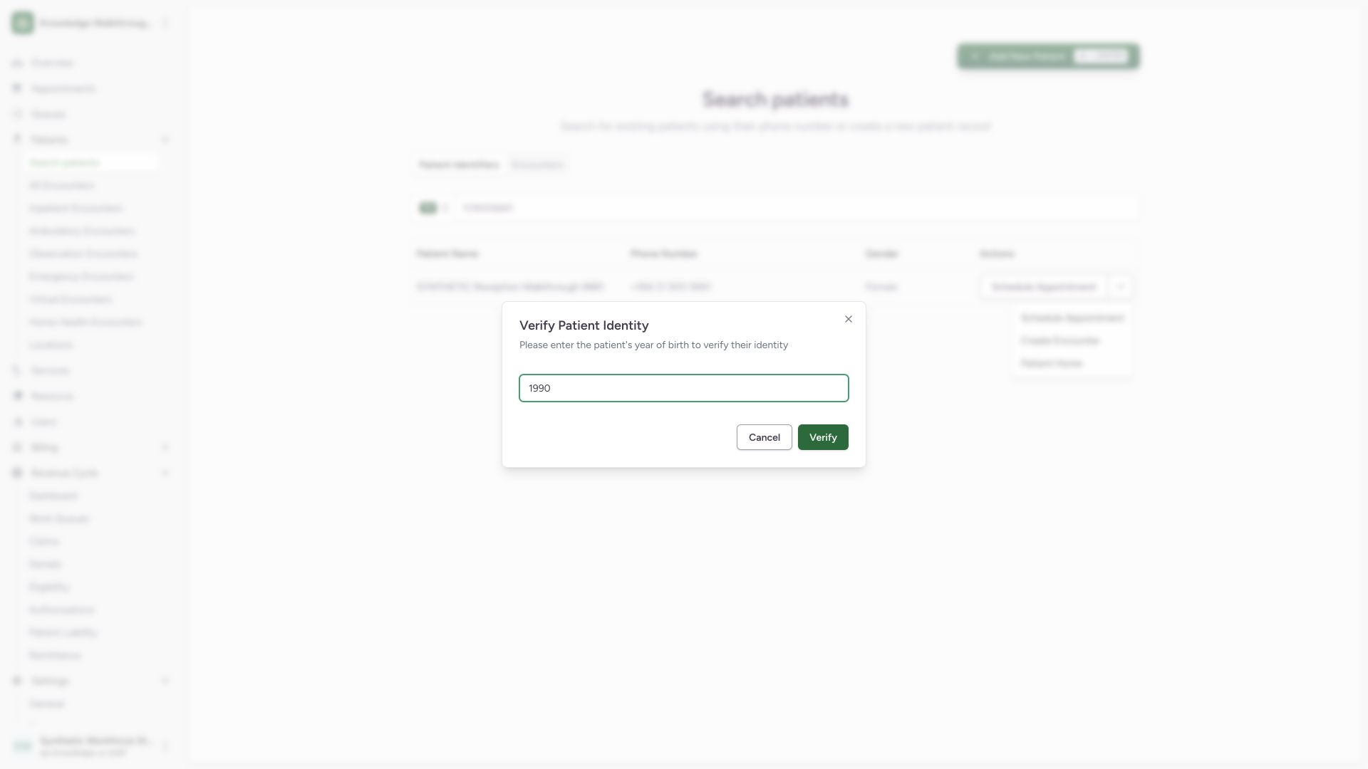 Verify the existing patient using the correct birth year. Actual wide MANSOQ synthetic Staff patient workflow.