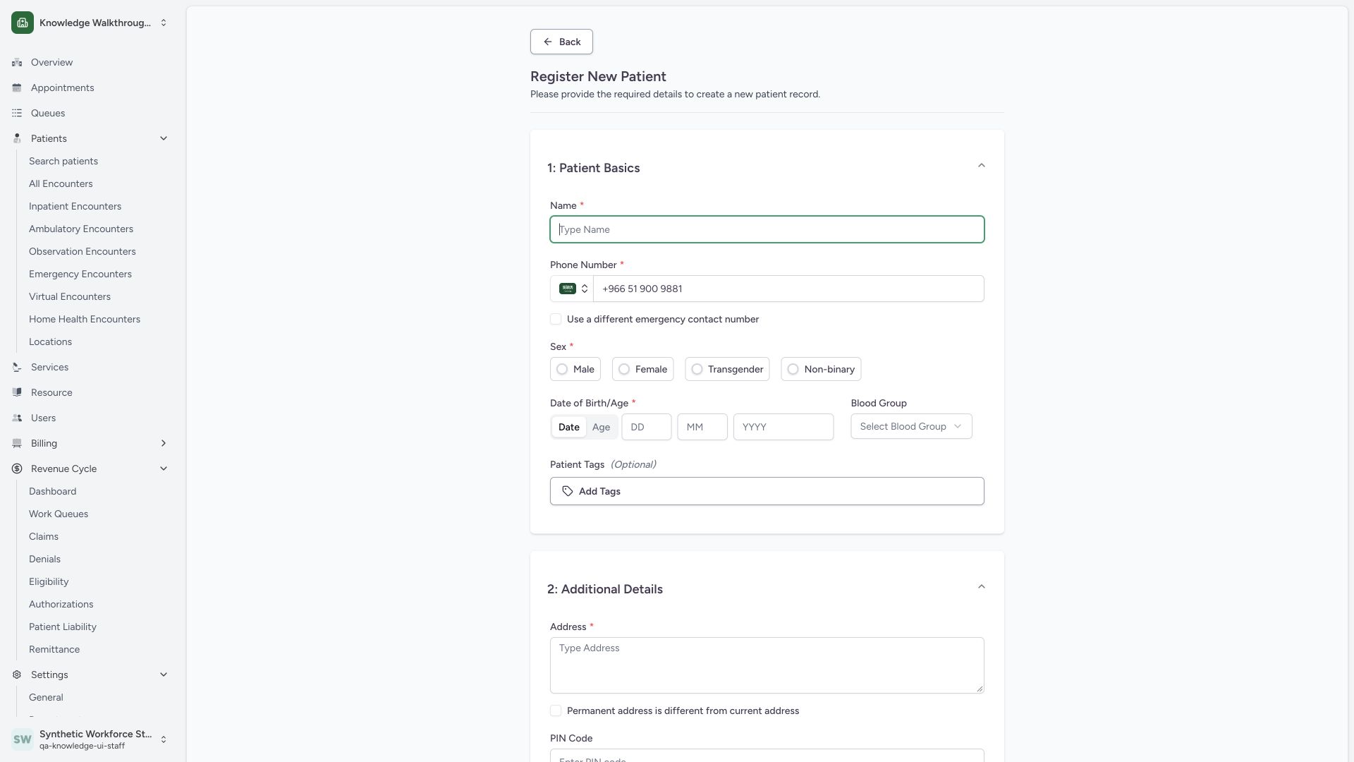 Read required patient basics and inherited search contact. Actual wide MANSOQ synthetic Staff patient workflow.