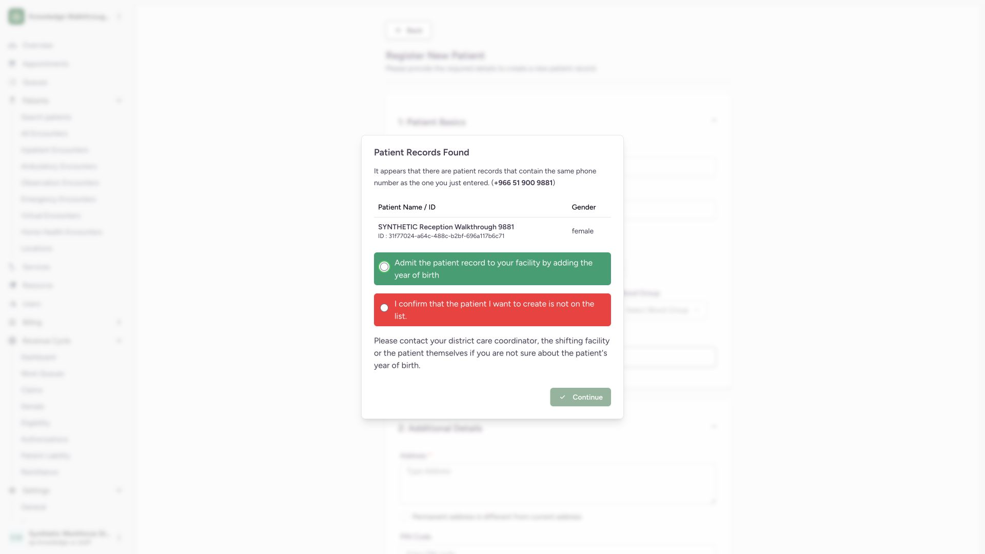 Handle Patient Records Found without making a duplicate. Actual wide MANSOQ synthetic Staff patient workflow.